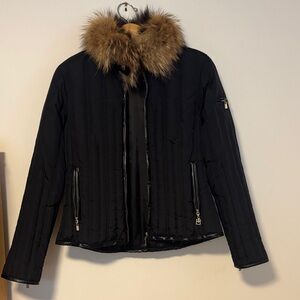 Michael Kors Black Quilted Puffer Jacket with Brown Fur animal Trim